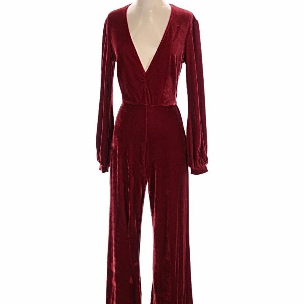 Reformation Deep V Red Velvet Jumpsuit